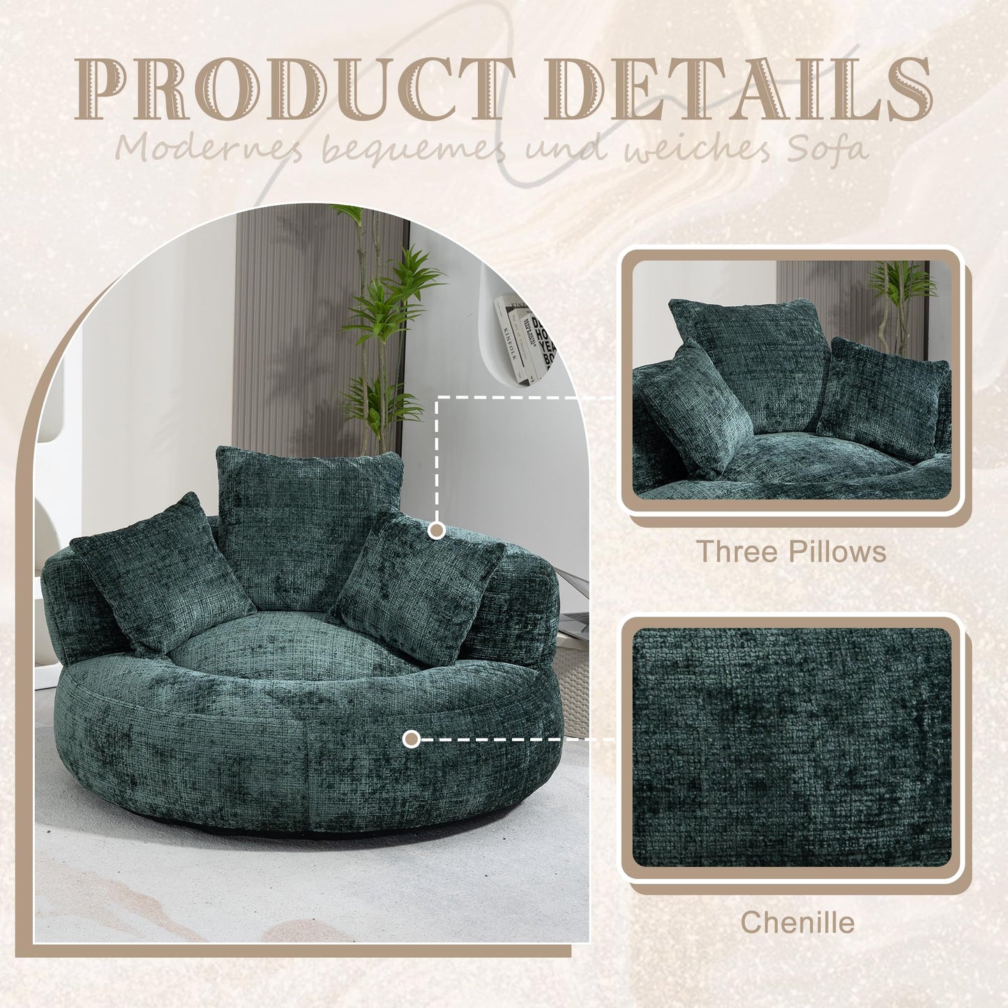 Oversized Lazy Sofa Bean Bag Chair with High Back and 3 Pillows, Chenille Fabric Comfy Lounger for Adults & Kids, Single Floor Gaming Sofa Chair for Bedroom, Living Room, or Office (Emerald)