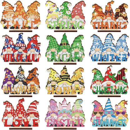 YooNotee 12 Sets Interchangeable Seasonal Diamond Art Tabletop Decorations Holiday Diamond Art Painting Kit with 12 Wood Base for Table Tiered Tray Decor Craft Graduation Centerpiece (Gnome)