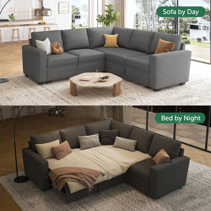 HONBAY Sectional Sleeper Sofa with Pull Out Bed, L Shaped Couch with Storage Seat, Modular Sectional Couches for Living Room, Dark Grey