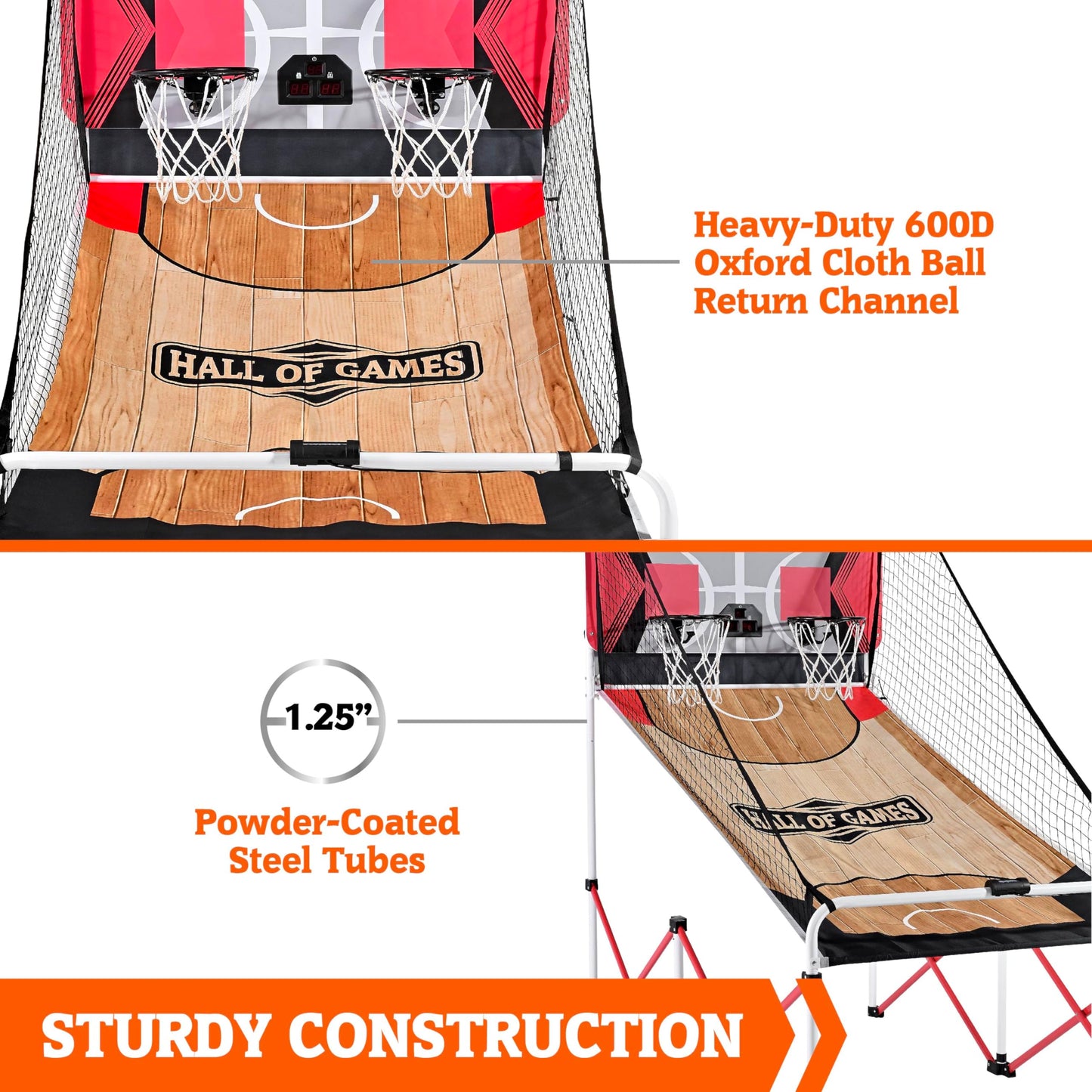 Hall of Games Premium Rapid Deploy Indoor Arcade Basketball Game with Steel Frame, 50% Quicker Assembly, 4 Basketballs Size 3 Included, Folding Arcade Basketball for Game Rooms