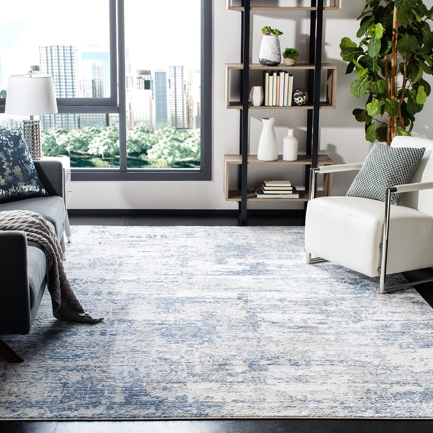 SAFAVIEH Amelia Collection Area Rug - 10' x 14', Ivory & Blue, Modern Abstract Design, Non-Shedding & Easy Care, Ideal for High Traffic Areas in Living Room, Bedroom (ALA700A)