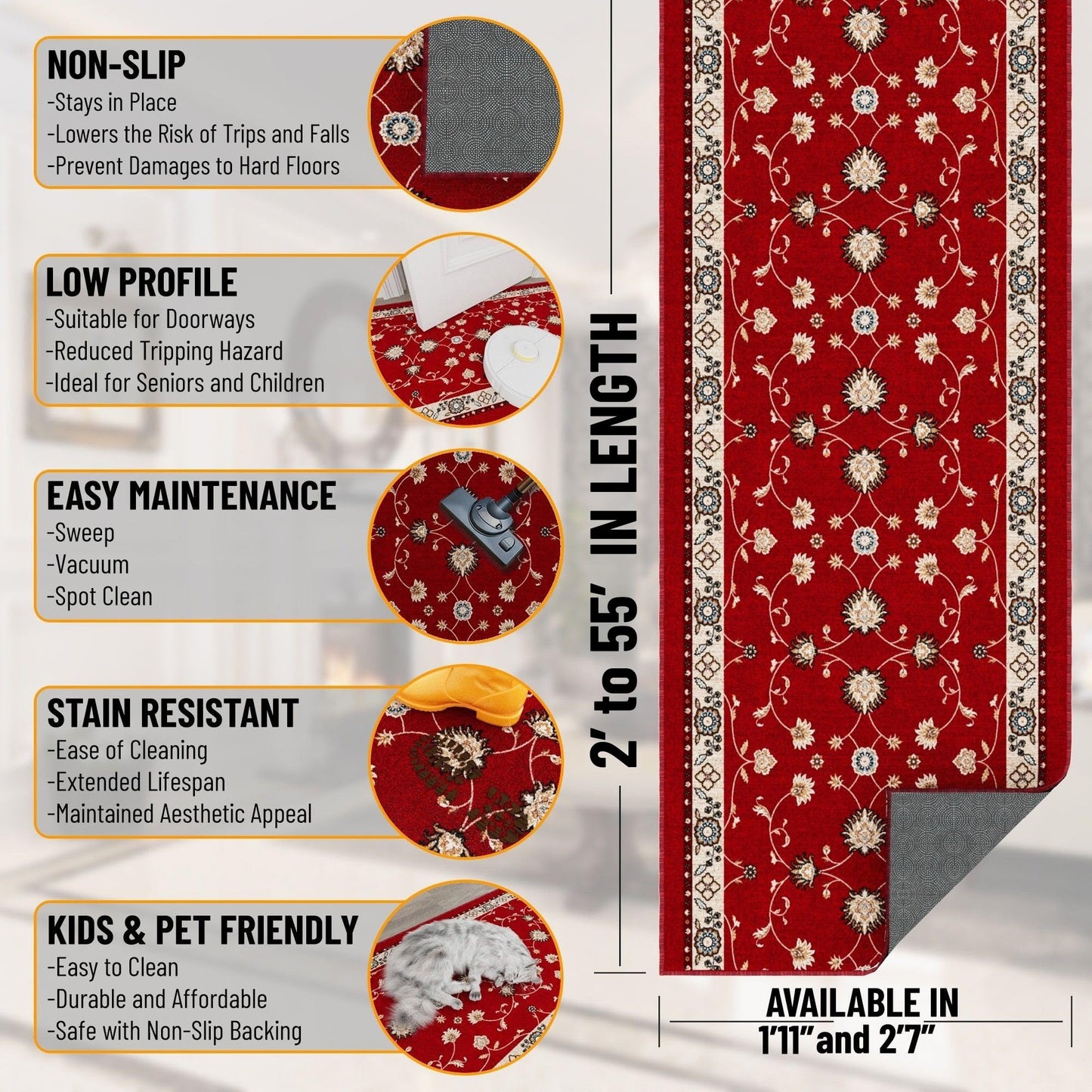 Ottomanson Aisle Runner Rug 2'7" x 50' – Soft Non-Slip Rug, Low Pile Carpet for Hallways, Events, Churches & Extra-Long Indoor Spaces, Mahal Red