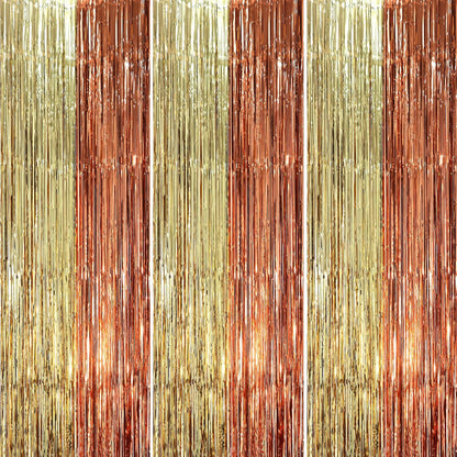 Voircoloria Foil Fringe Backdrop Curtains - 3 Pack of 3.3 x 8.2 ft Rose & Champion Tinsel Streamers for Parties