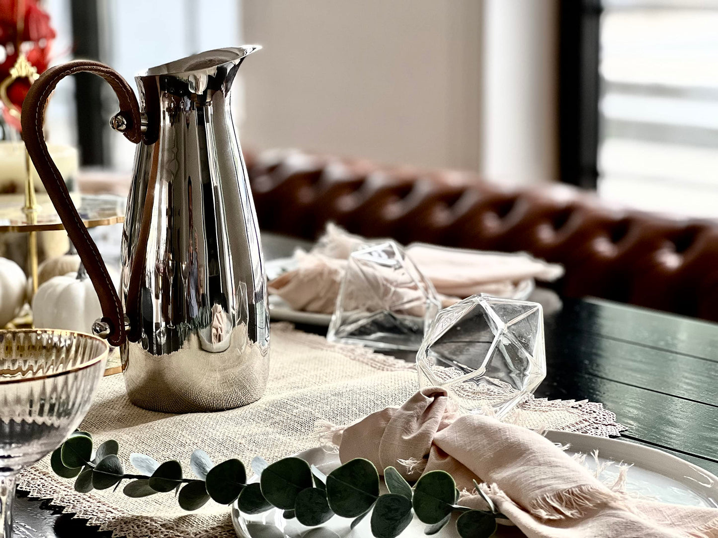 Stainless Steel Silver Water Pitcher Carafe with Leather Handle 10"H by Gute - Elegant Mirror Finish Bell Shaped Jug, For Hot/Cold Water, Iced Tea, Coffee, Sangria, Lemonade, and Flowers 42oz Capacity