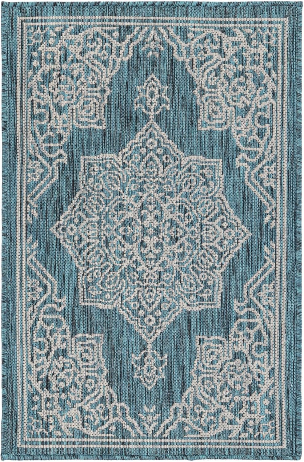 Unique Loom Outdoor Traditional Area Rug - Antique, 2' x 3' 1" Rectangle, Teal/Ivory Collection