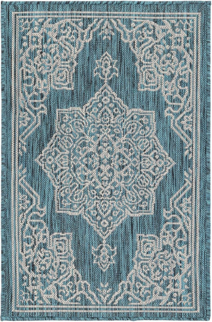 Unique Loom Outdoor Traditional Area Rug - Antique, 2' x 3' 1" Rectangle, Teal/Ivory Collection