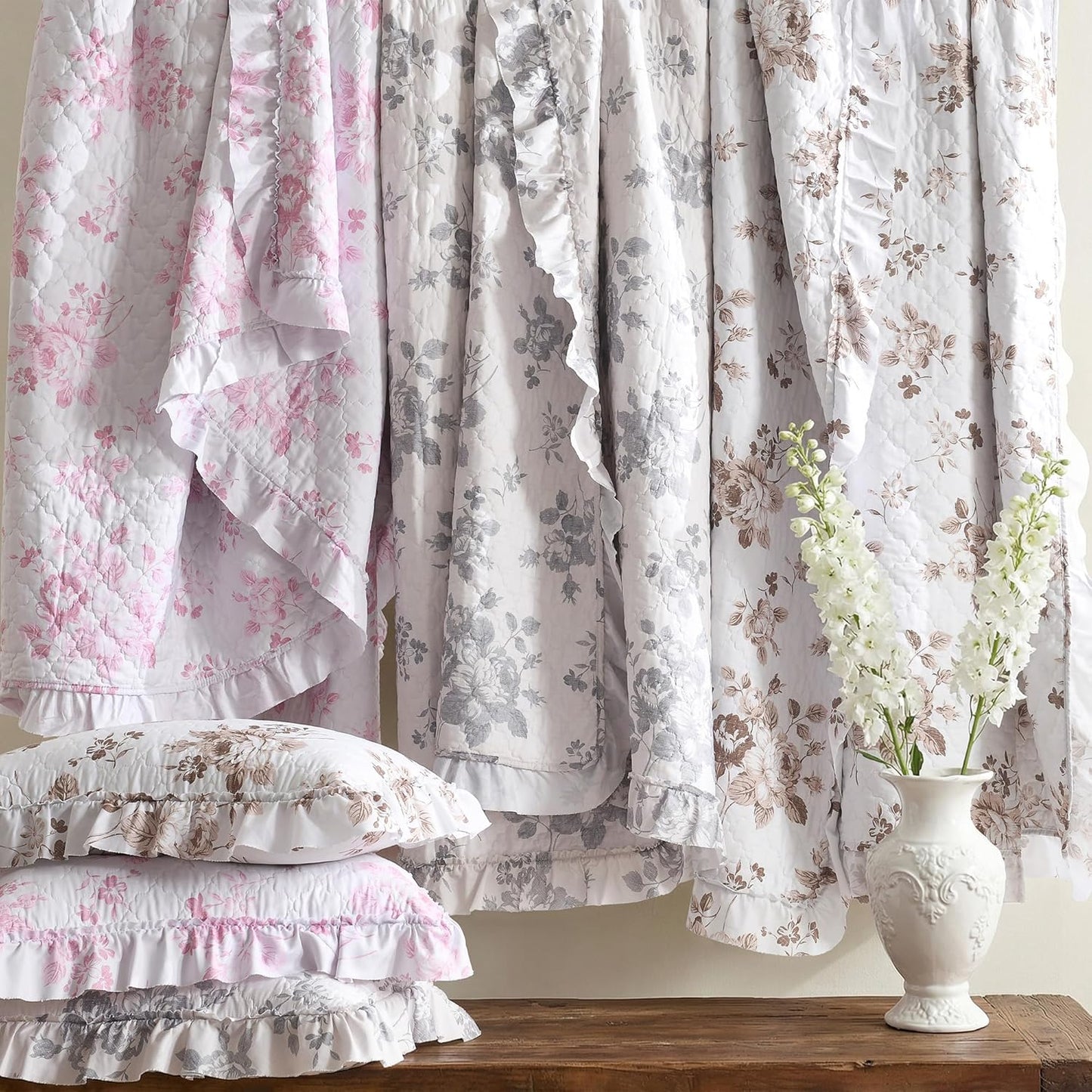 1 2 68x86 inches HORIMOTE HOME Khaki Ruffled Quilt Twin Size with Pillow Sham, Shabby Chic Floral Printed Reversible