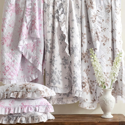 1 2 68x86 inches HORIMOTE HOME Khaki Ruffled Quilt Twin Size with Pillow Sham, Shabby Chic Floral Printed Reversible
