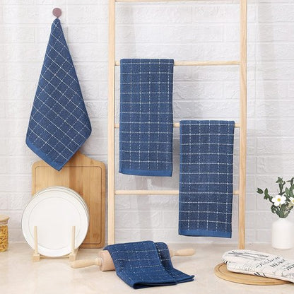 Homaxy 100% Cotton Terry Kitchen Towels - Soft & Super Absorbent Checkered Design | Navy Blue, 13 x 28 Inches, 4 Pack