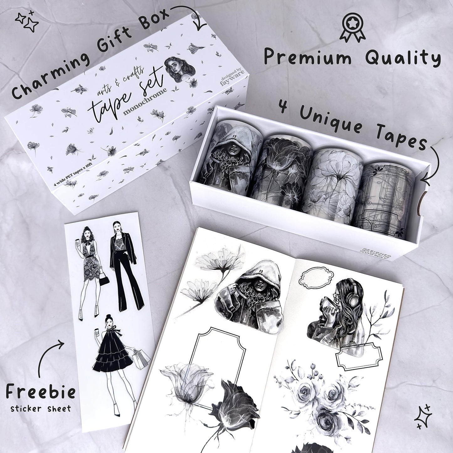Fayware 4 PET Tapes for Journaling and Scrapbooking - Black & White Junk Journal Supplies for DIY Arts & Crafts Projects