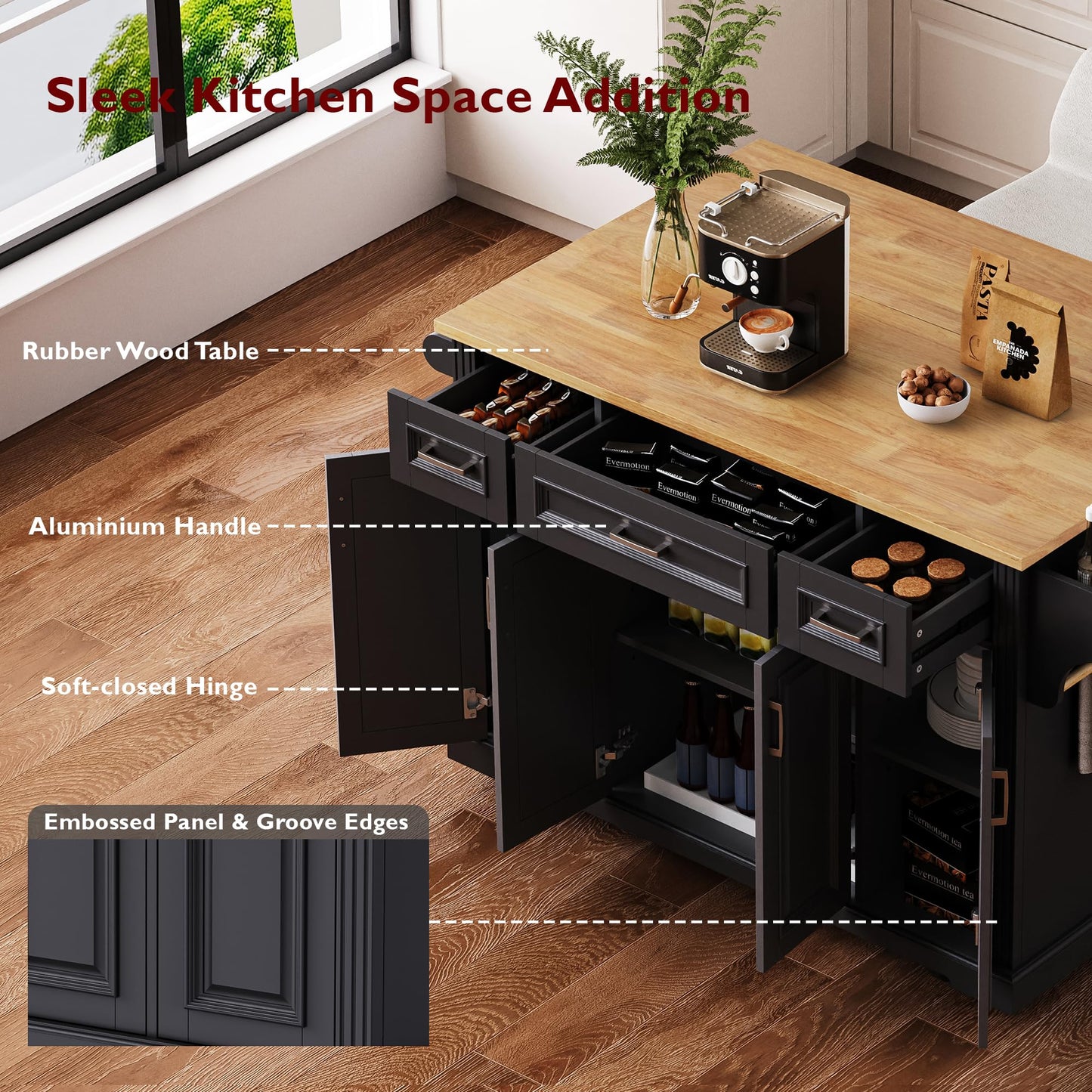 Ball & Cast Large Kitchen Island with Rubber Wood Drop Leaf,Embossed Texture Rolling Kitchen Cart On 4 Wheels W/4 Doors & 3 Drawers,Mobile Kitchen Islands W/ Storage for Kitchen,Dining Room,Black,54"