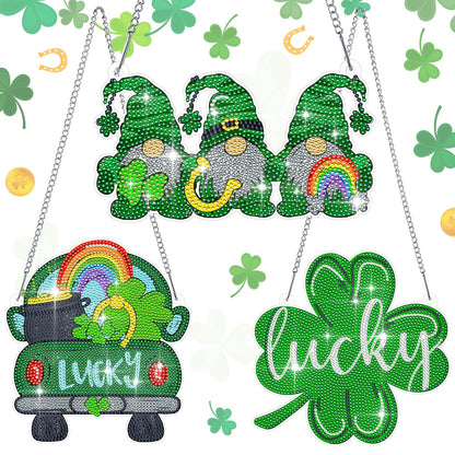 Burbell 3Pcs St. Patrick's Day Diamond Painting Kit Patrick's Green Lucky Shamrock Gnome Truck Diamond Art Kits Hanging Sign 5d DIY Irish Rhinestone Art Painting for Wall Windows Door