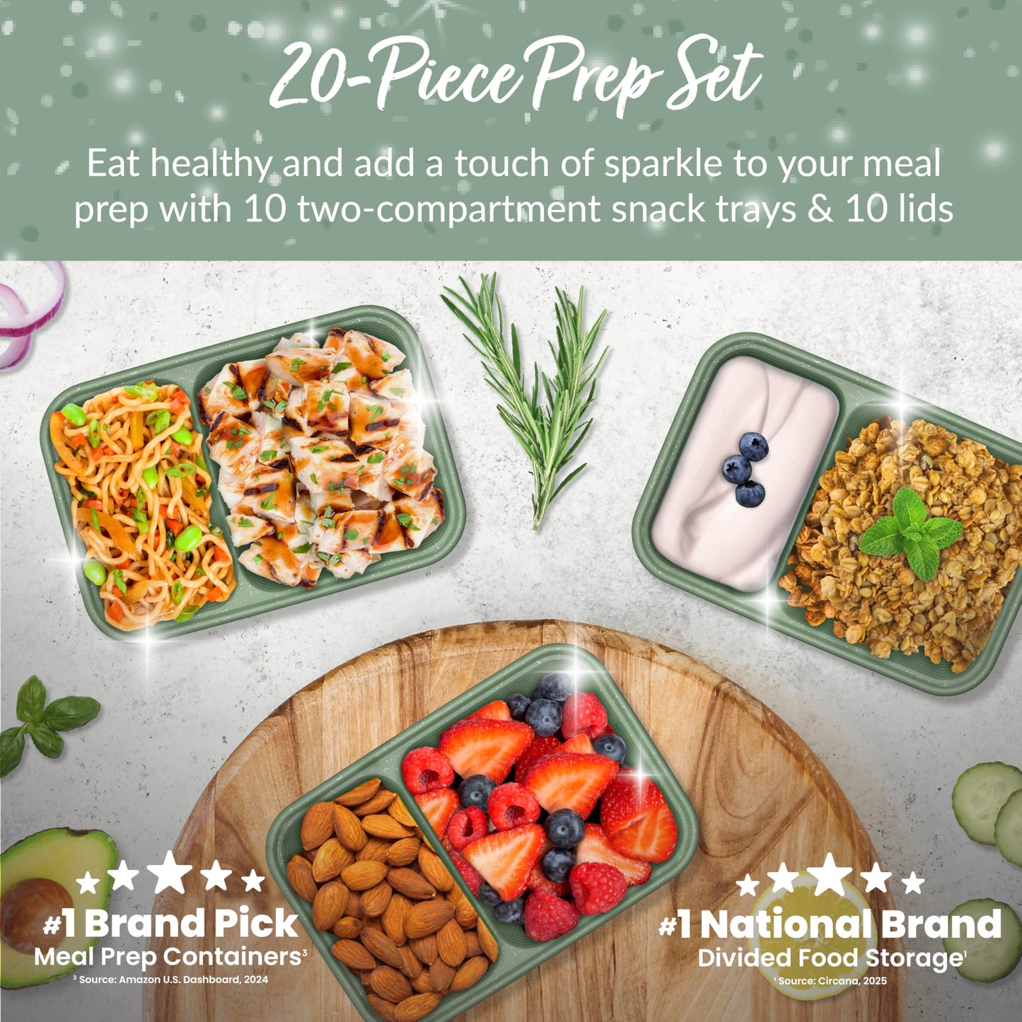 Bentgo Prep - 2-Compartment Snack Containers with Lids - Reusable, Microwaveable, Durable, PFAS & BPA-Free, Freezer, & Dishwasher-Safe Meal Prep Food Storage - 10 Trays & 10 Lids (Basil Glitter)