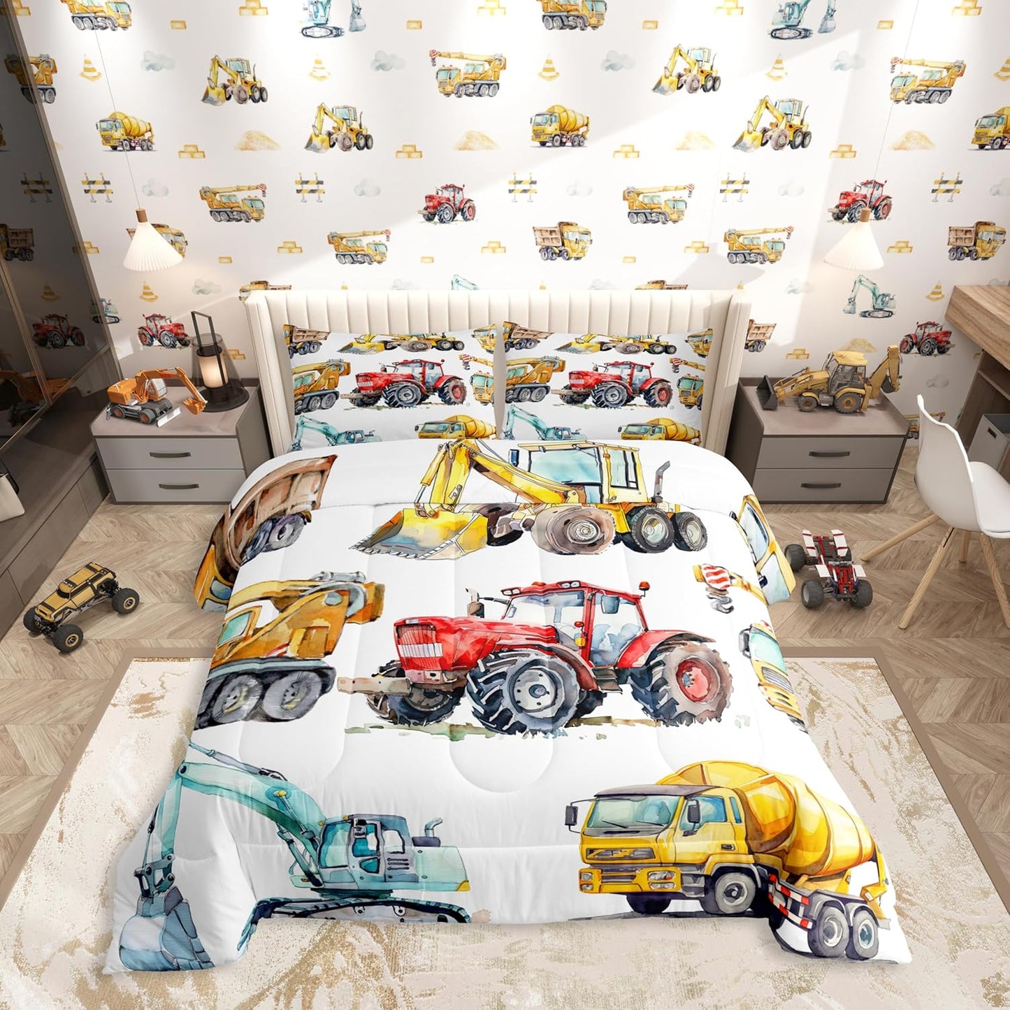 Set Set Erosebridal Kids Excavator Comforter Twin Size, Retro Truck Down Comforter for Boys Girls Teens, Tractor
