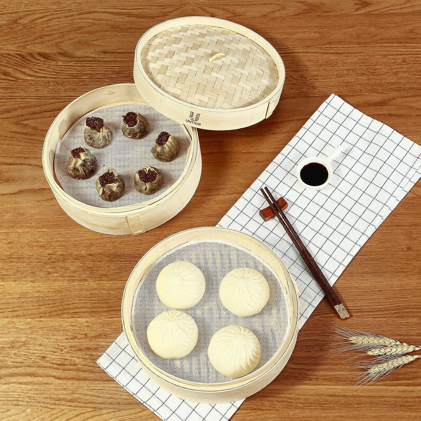 Handmade 8 Inch Bamboo Steamer Basket with Reusable Cotton Liners, 2 Tier Traditional Dumpling Food Steamer