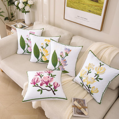 Embroidered Throw Pillow Covers 18x18 Inch Set of 2, Pink Magnolia Flower Spring Pillowcases for Living Room