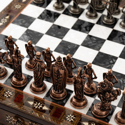 15’’ Handmade Wooden Chess Set with British Army Metal Pieces – Luxury Storage Board – Gift for Adults, Fathers & Collectors, Gift for Him (Black)