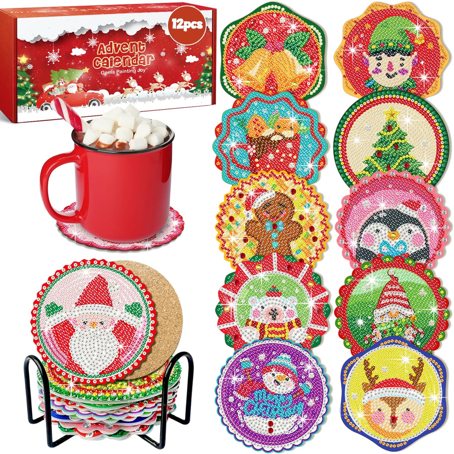 12 Days of Christmas Advent Calendar Diamond Painting Coasters, DIY Crafts Gem Diamond Art Kits for Adults, Elderly Parents, Christmas Ornaments Advent Calendar 2025 for Adults, Seniors, Women, Grils