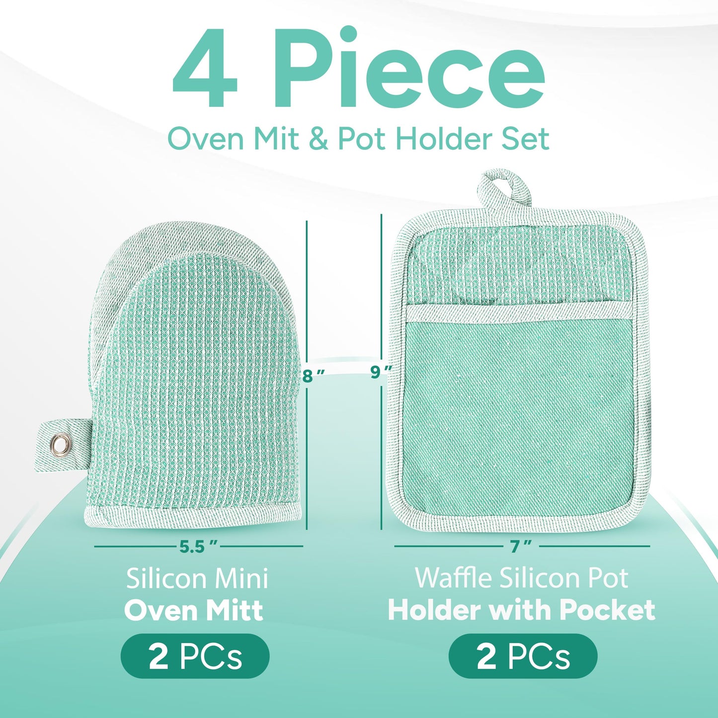 Casa Platino Heat Resistant Oven Mitts & Pot Holders, 4-Piece – Oven Mitt for Baking & BBQ, Potholders for Kitchens – Withstands Heat Up to 500°F, Soft, Durable & Non-Slip – Sage