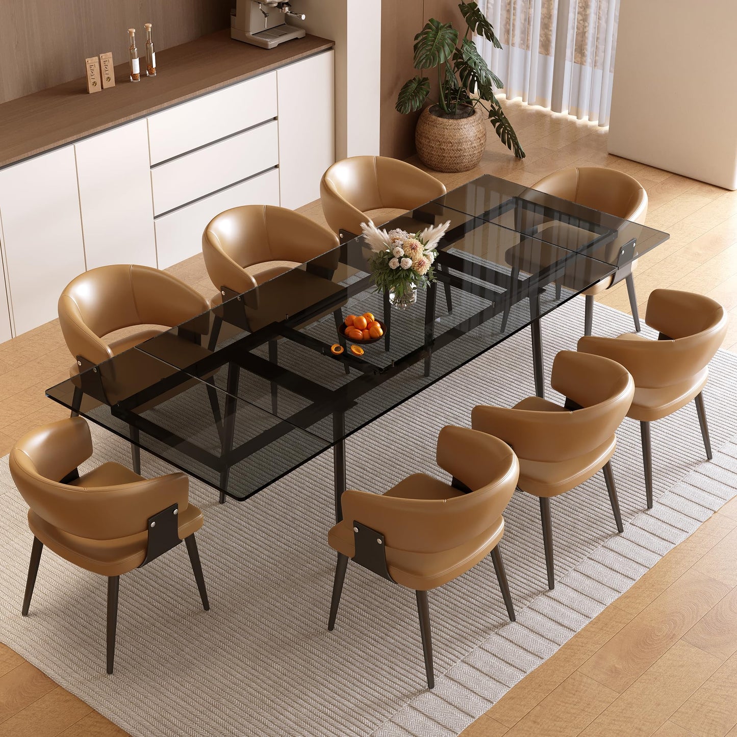 NessCarsti 62.99-94.48" Extendable Dark Tempered Glass Dining Table, Scratch-Resistant Glass Top & Metal Frame, Seats 8-10, Modern Minimalist Dining Furniture for Family & Entertaining