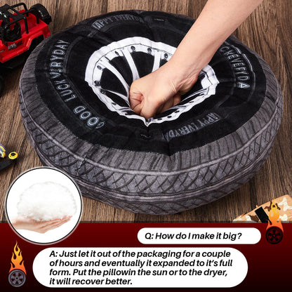 Meooeck 1 Pc Race Car Room Decor 3D Simulation Wheel Plush Pillow, 15.7 Inch Car Tire Big Soft Pillow Wheel Sofa Seat Toy for Boys Funny Bedroom Decorations Race Cars Party Gift (Classical)