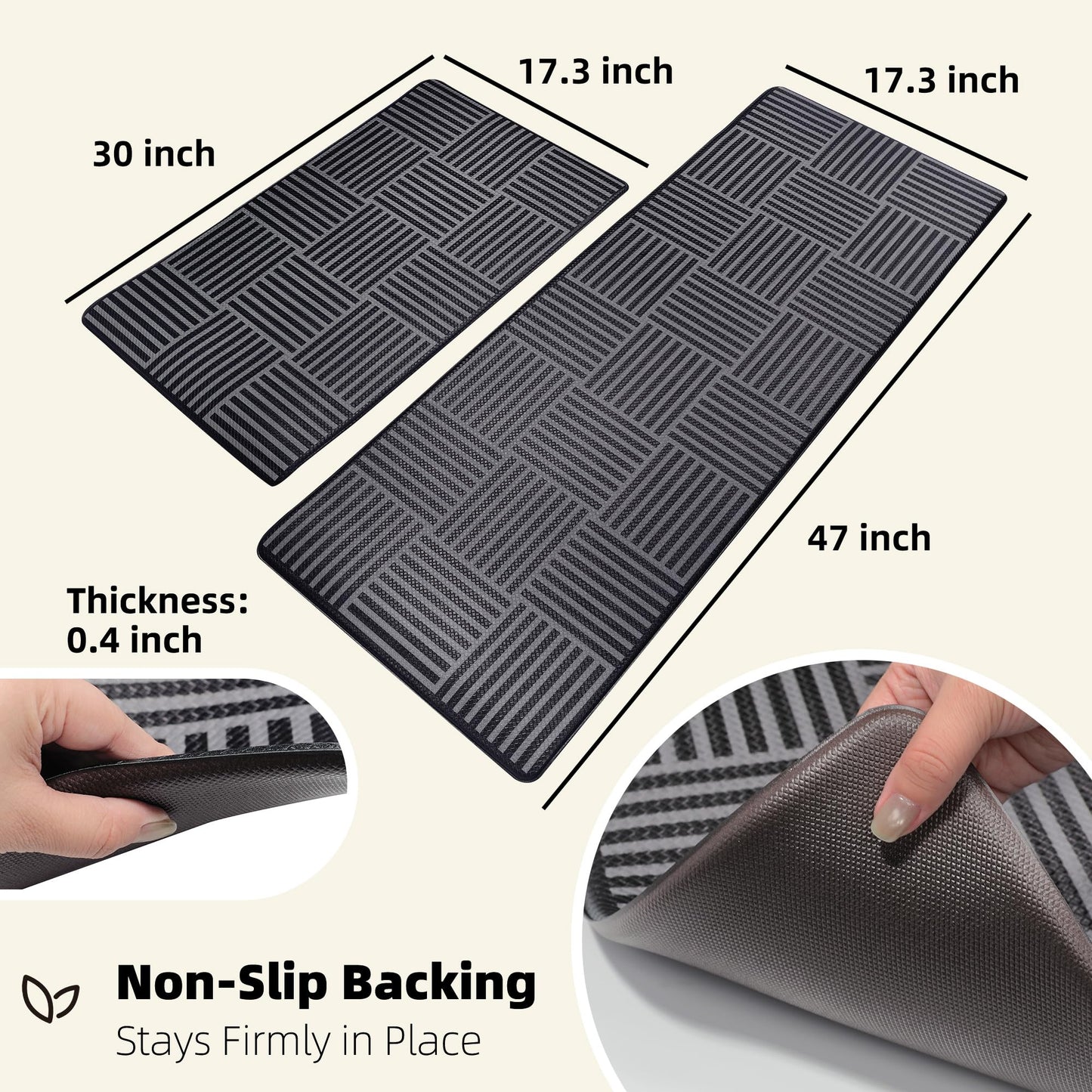 Kitchen Mats For Floor 2 Piece Cushioned Anti Fatigue Kitchen Plaid Rugs Set Non Slip Waterproof Comfort Foam Standing For Laundry,Desk,Office,Bathroom,Apartment Decor,17.3"X29"+17.3"X47",Black