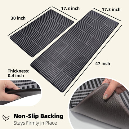 Kitchen Mats For Floor 2 Piece Cushioned Anti Fatigue Kitchen Plaid Rugs Set Non Slip Waterproof Comfort Foam Standing For Laundry,Desk,Office,Bathroom,Apartment Decor,17.3"X29"+17.3"X47",Black