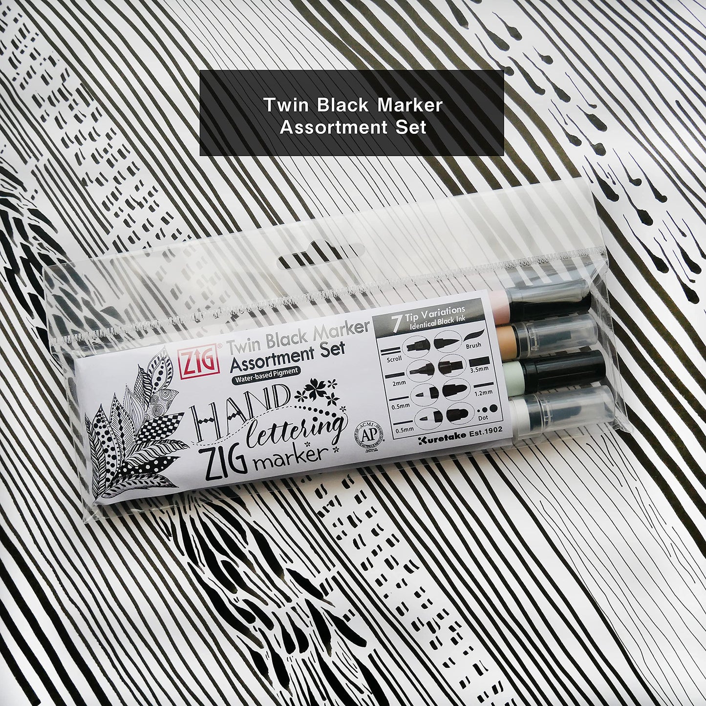 Kuretake ZIG Twin Marker BLACK 4 Assortment set for Hand Lettering, Calligraphy Art, Illustration, Journaling, Cartooning, AP- Certificated, Made in Japan