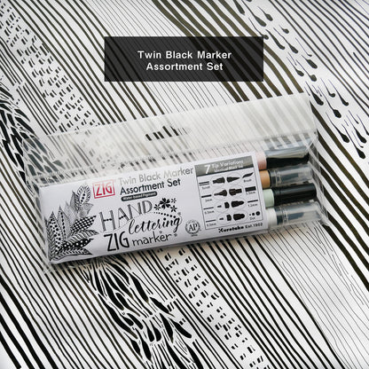 Kuretake ZIG Twin Marker BLACK 4 Assortment set for Hand Lettering, Calligraphy Art, Illustration, Journaling, Cartooning, AP- Certificated, Made in Japan