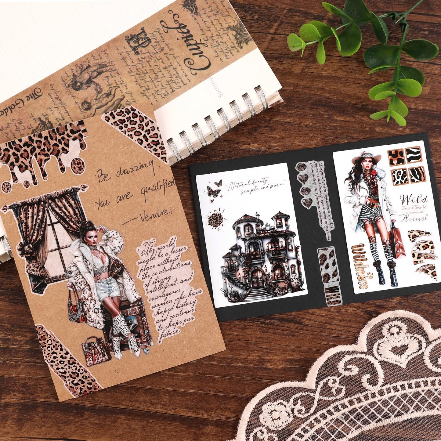Dizdkizd Washi Tape Set, 4 Pre-Cut Animal Print PET & Washi Tapes Stickers with Diverse Sexy Women, Flowers, Adult Journaling Supplies for Collage Scrapbooks Craft Project