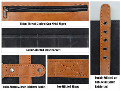 WELKINLAND 14-Pockets Knife Roll, Waxed Canvas Leather Knife Roll, Knifes bag holders, Chef Knife Roll Bag, Chef knife roll, Knife Roll Bag for Pocket Knives