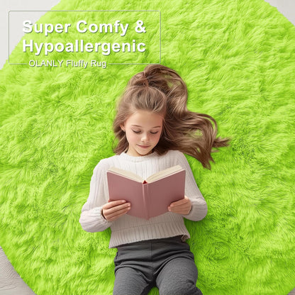 OLANLY Round Lime Green Area Rug - Soft, Fluffy, Machine Washable 6 ft Circle Carpet for Bedroom & Living Room