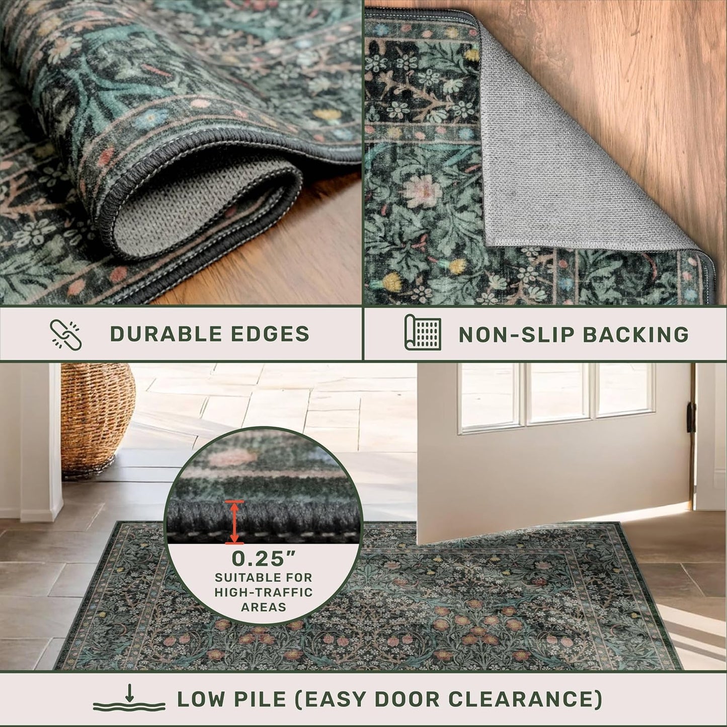 Skiennix Vintage Dark Green Area Rug - Washable 8x10 Oriental Carpet for Living Room & Dining Room