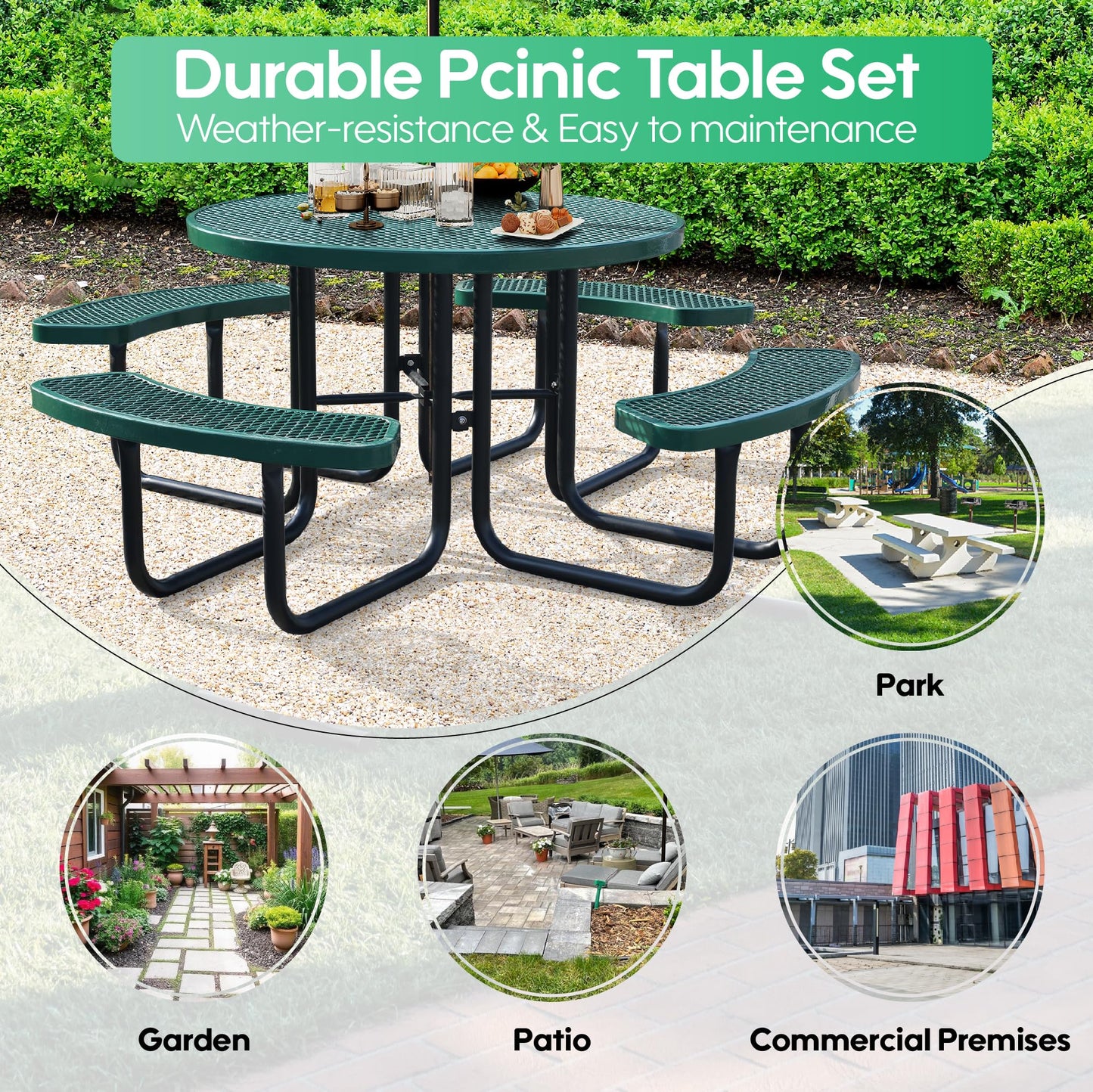 Sunnibety 8-Person Picnic Tables for Outdoors, Industrial 46" Expanded Metal Round Picnic Table with 4 Benches & Umbrella Hole, Outside Table and Bench Set for Park, Garden, Backyard, Patio, Green