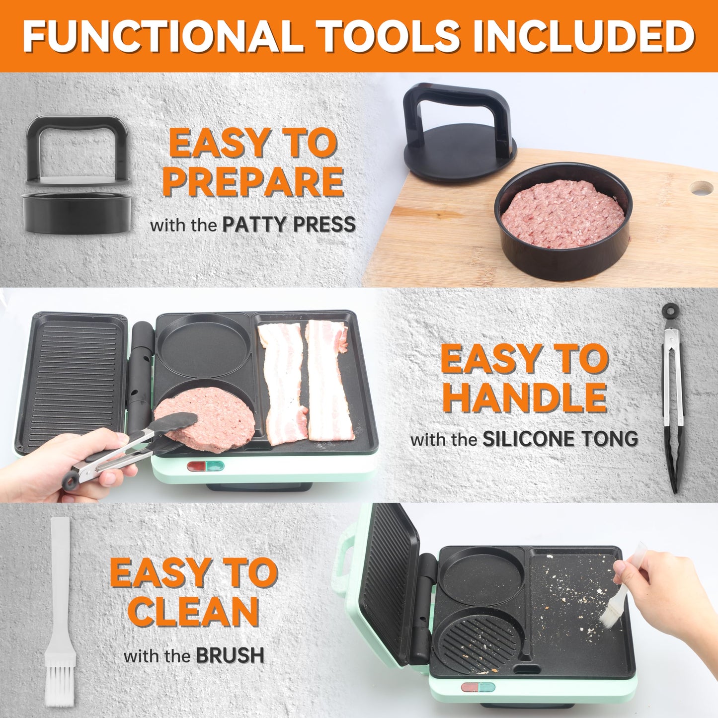 Baker's Friend Breakfast Sandwich Maker, Nonstick Electric Griddle & Grill Combo, 3 in 1 Breakfast Station, Make Egg Muffin Sandwiches Burgers Hot dogs & Pancakes, Includes Burger Press, Tong & Brush