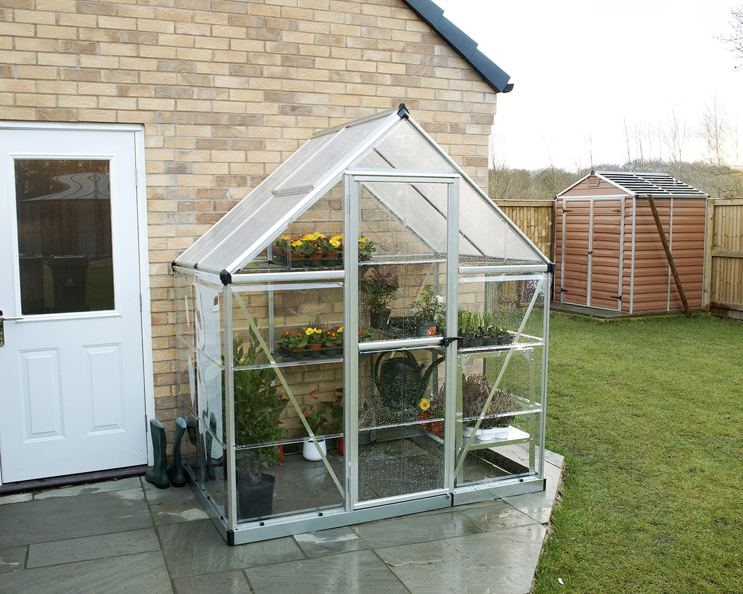 Palram - Canopia 6x4 Greenhouse for Outdoors, Walk-In, UV Polycarbonate Panels, Heavy Duty Aluminum Frame, Lockable Door, Adjustable Roof Vent, Rain Gutters, Galvanized Steel Base, Hybrid (Silver)