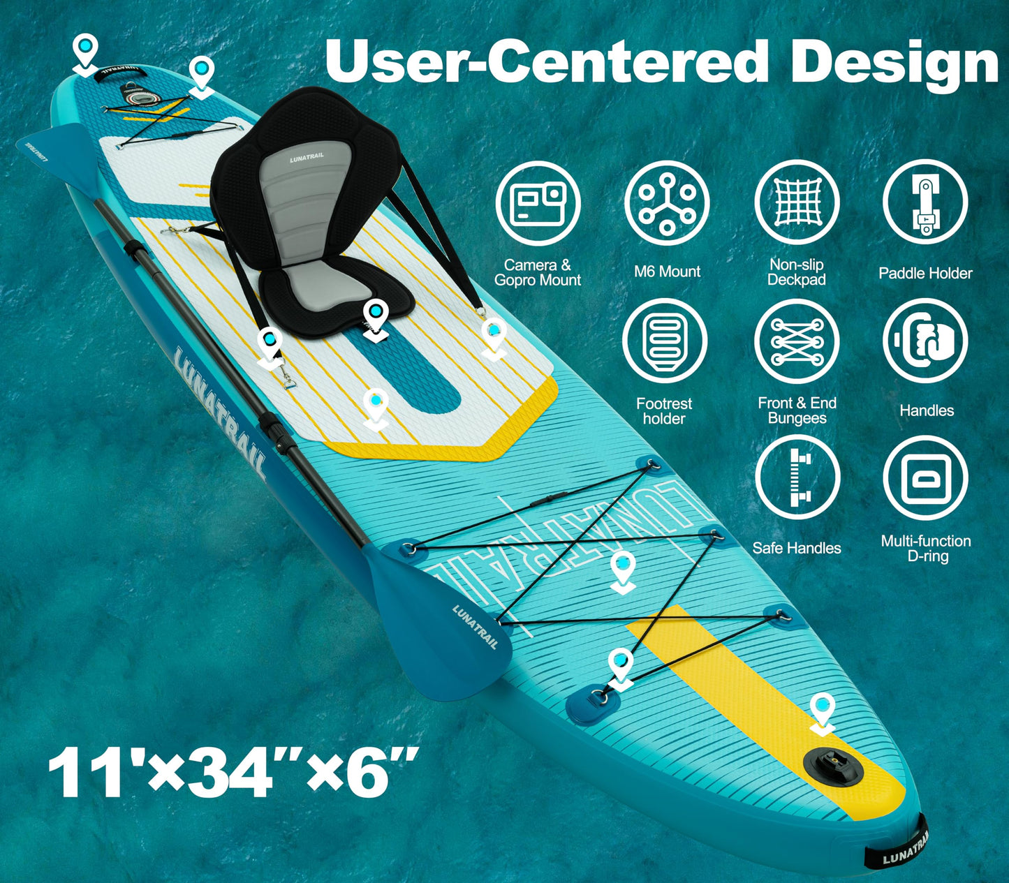 【11'×34"】 Extra Long/Extra Wide Premium Inflatable Stand Up Paddle Board (SUP) – Portable & Lightweight for Yoga, Surfing | Complete Kit with Paddle, Pump, Bag | Durable Design (Light Blue)