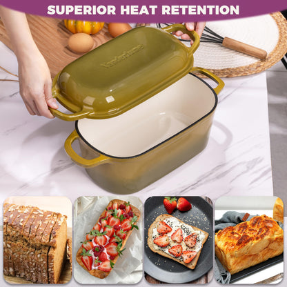 Vanderlume 4.6-Quart Oval Dutch Oven for Bread Baking, 2 in 1 Cast Iron Bread Pan with Lid, Sourdough Baking Pan for a Crispy Crust, Olive