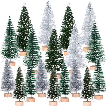 18Pcs Miniature Pine Trees Set, Sisal Trees with Wood Base for Christmas Crafting and Designing, Mixed Size