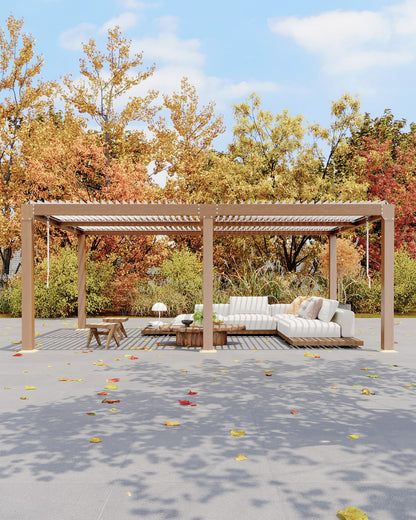 GarveeLife Louvered Pergola 12 ft x 20 ft, Outdoor Pergola with Adjustable Louvered Roof, Reinforced Aluminum Frame, Integrated Drainage System, Hardtop Gazebo for Patio, Deck, Wood Grain