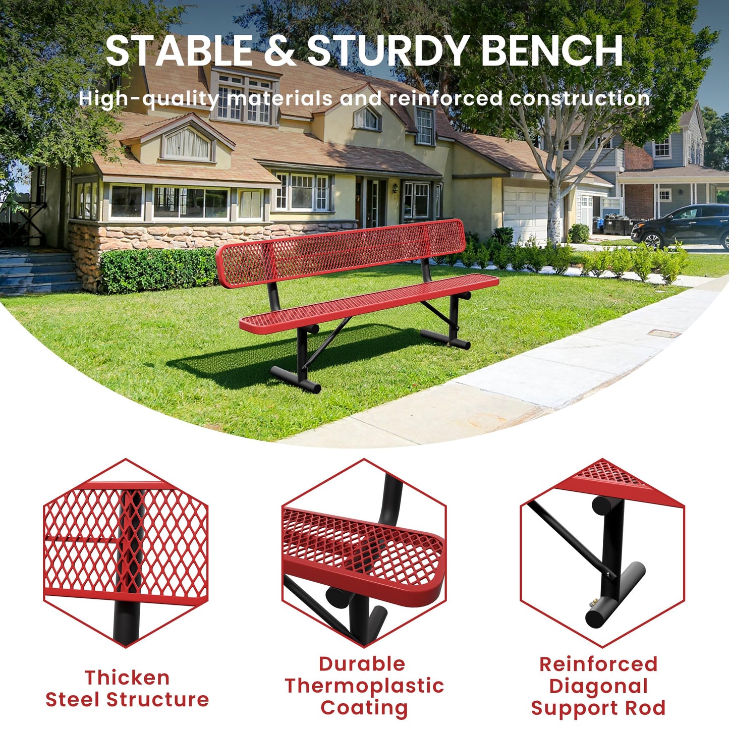 Sunnibety 8 Feet Steel Park Bench for Outside, Outdoor Bench with Backrest & Portable Frame, Commercial Benches for Shopping Malls, Stores, Parks, Patios, Decks, Red