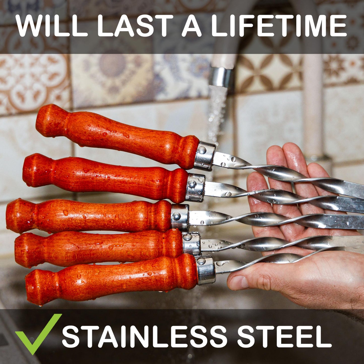 Long Stainless Steel BBQ Skewers 23.6" — Shish Kabob/Kebab Sticks, Flat Heavy-Duty Metal Grilling Rods for Picanha & Shashlik, Brazilian BBQ, Set of 10