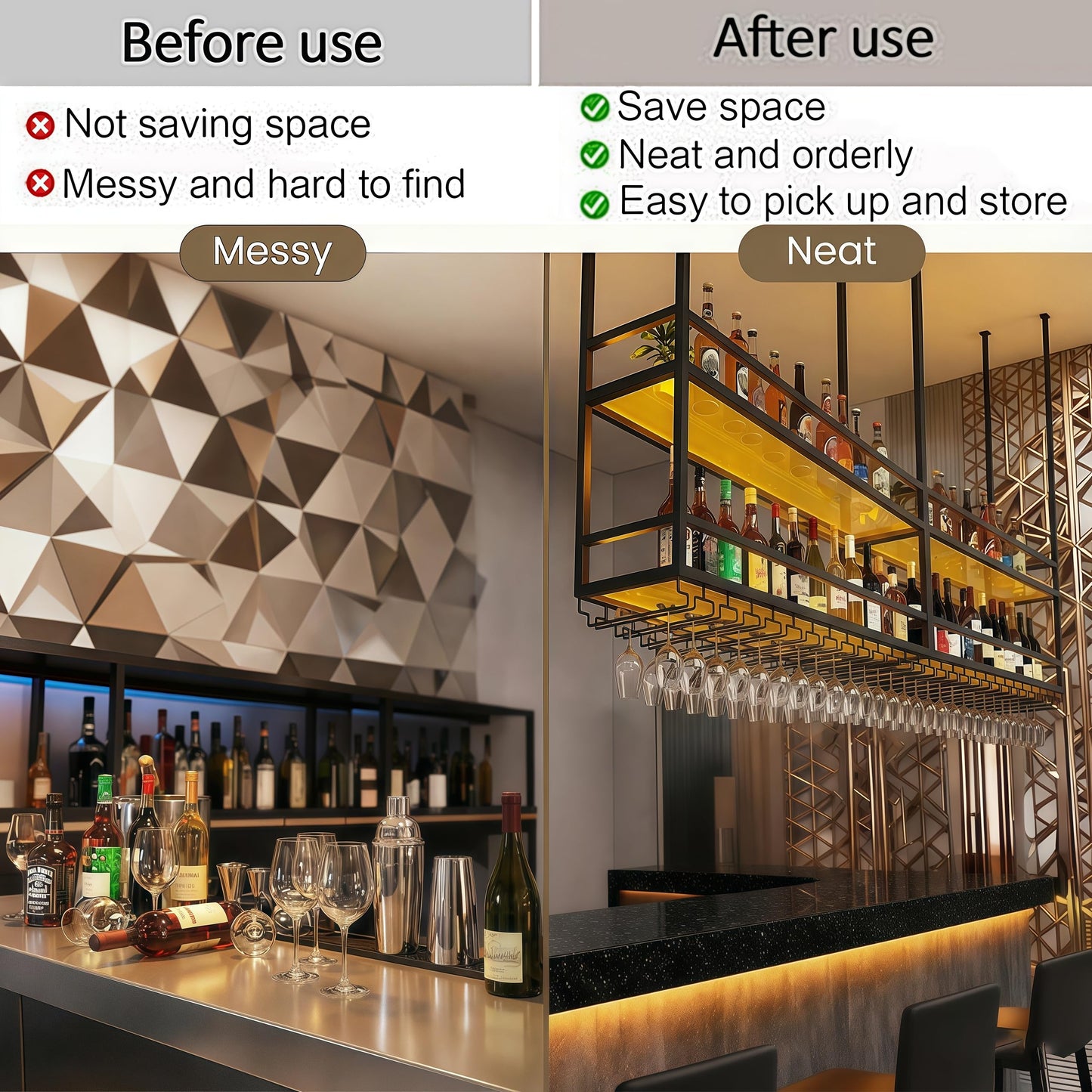 59IN Ceiling Wine Glass Rack with light, Acrylic Hanging Wine Rack with Glass Holder and Transparent Shelves, Wine Bottle Holder Goblet Stemware Racks Modern Home Bar Coffee Decor Rack (150CM)