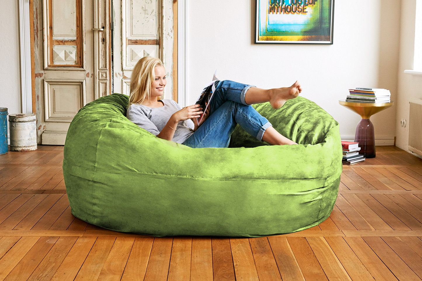 Lumaland Luxurious Giant 6ft Bean Bag Chair with Microsuede Cover - Ultra Soft, Foam Filling, Washable XL Bean Bag Sofa for Kids, Teenagers, Adults - Sack Chair for Dorm, Family Room - Light Green