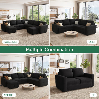 HONBAY Modular Sectional Sleeper Sofa Bed, Velvet Sectional Couch with Pull Out Bed U Shaped Modular Couch with Storage Ottoman for Living Room, Black