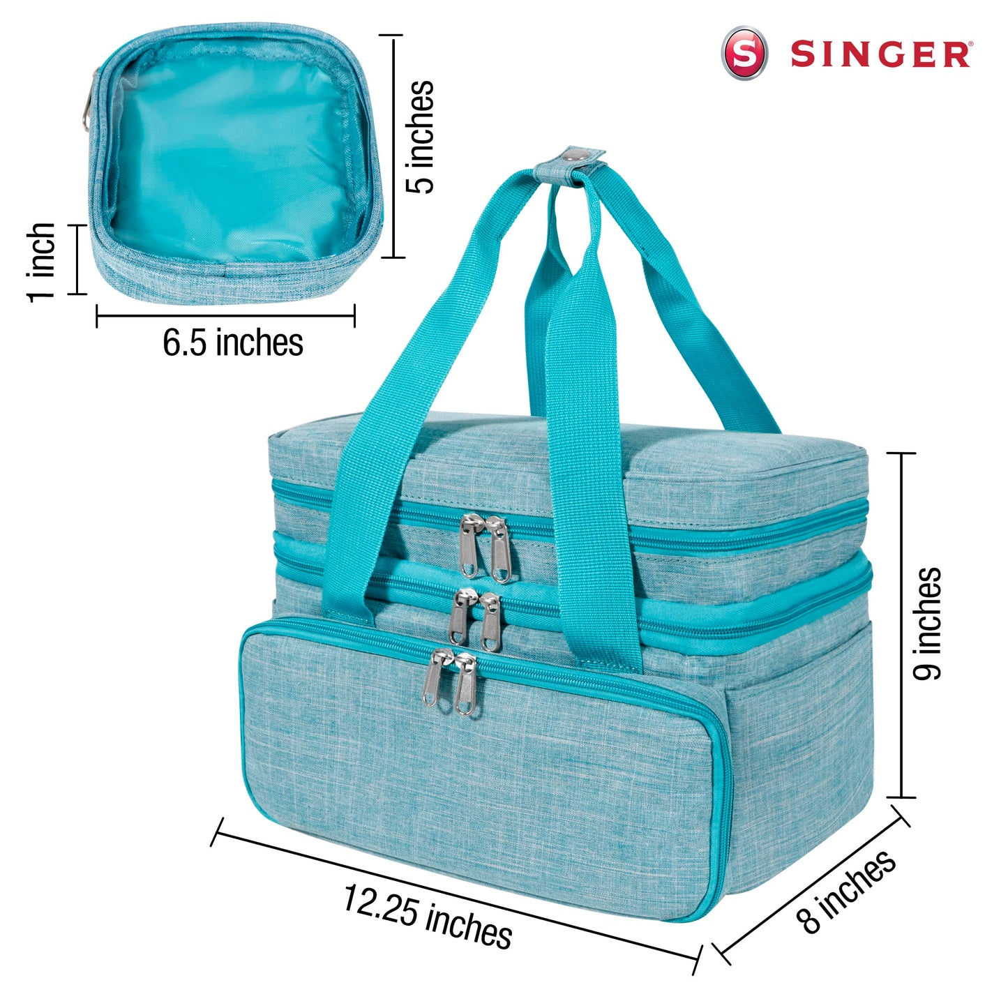 SINGER Sewing Accessories Organizer (Bag Only) – Double Layer Portable Sewing Storage Bag | 2 Detachable Pouches and 18 Compartments, Large Sewing Supplies & Crafting Carry-all (Teal)