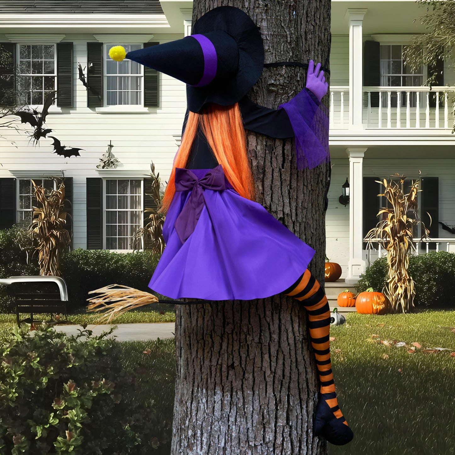 JOYIN 55'' Crashing Witch Halloween Tree Decorations Outdoor, Flying Witch on Broom Hanging Decorations for Yard, Porch, Door, Lawn, Haunted House Prop