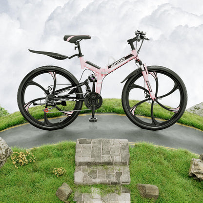 Outroad 26 Inch Folding Mountain Bike for Adults/Men/Women, 21 Speed Full Suspension High-Carbon Steel MTB Foldable Bicycle, Dual Disc Brake Non-Slip Folding Bikes, Pink