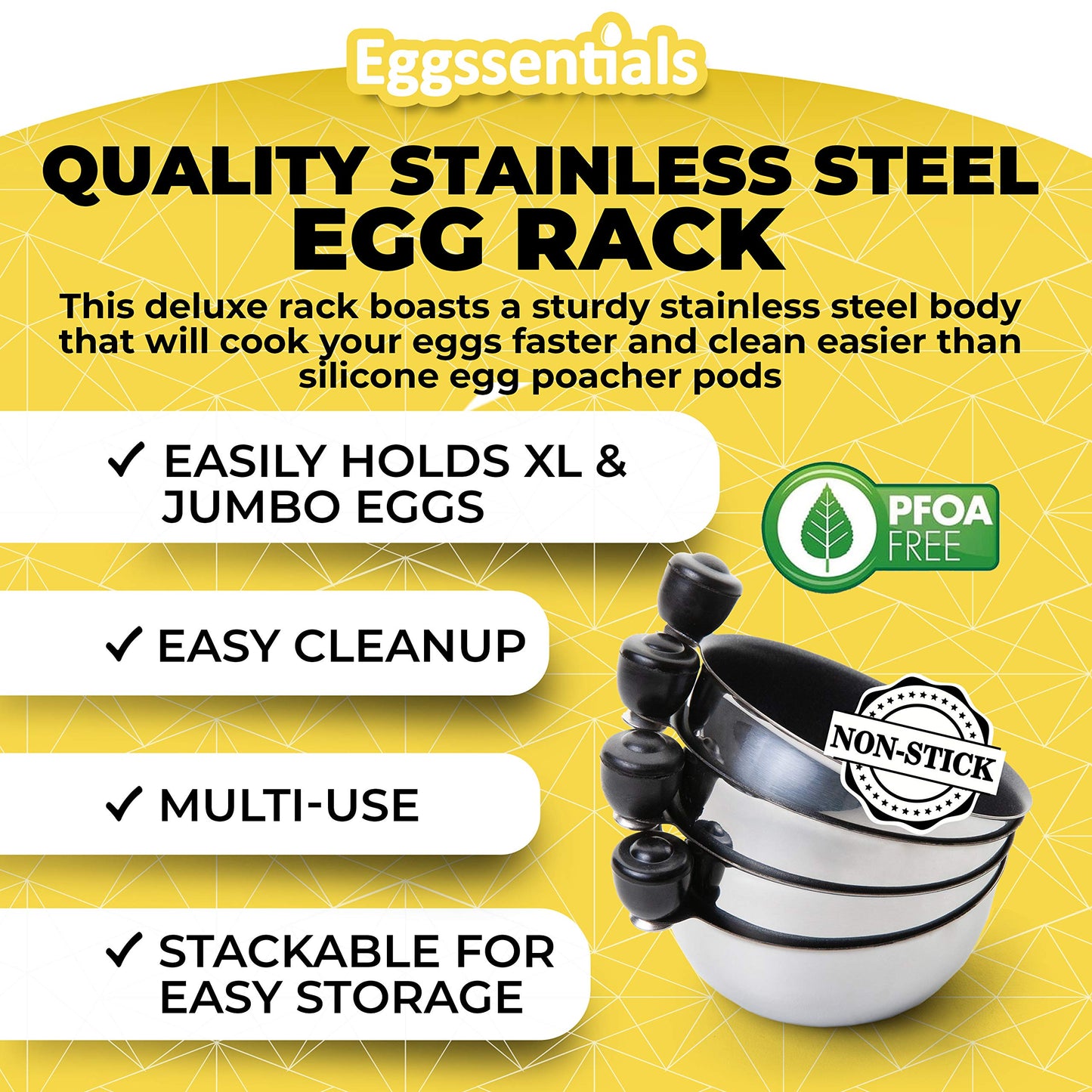 Eggssentials Egg Poacher Insert Stainless Steel Poached Egg Cooker Eggs Poaching Cup PFOA Free Egg Poachers Nonstick, 7.25" Rack Compatible with Current Cookware, Skillets & Instant Pots