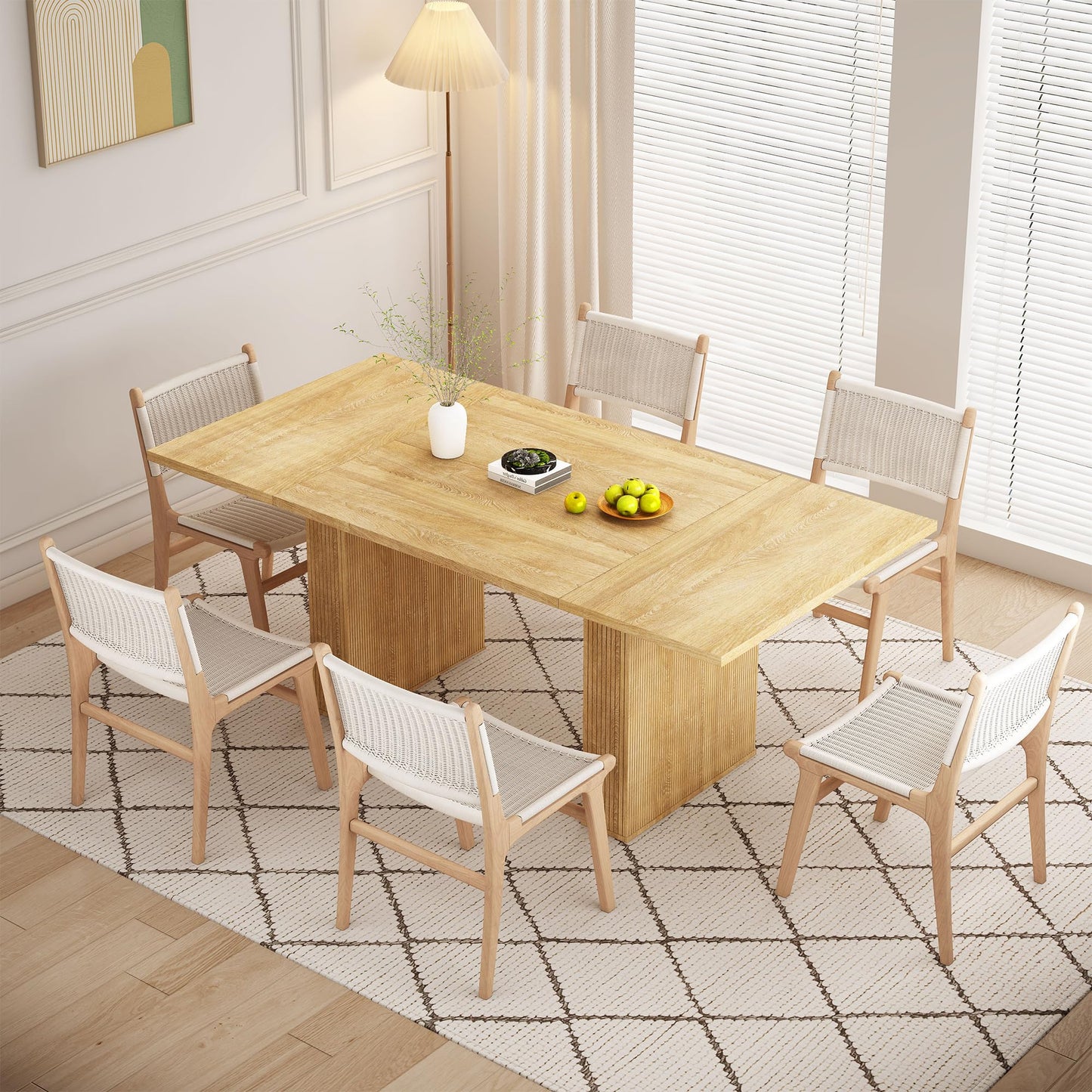QHITTY 78 Inch Fluted Dining Table, Wood KitchenTable for 6 to 10, Farmhouse Long Rectangle Table with Strip Base for Dining Room, Kitchen Natural